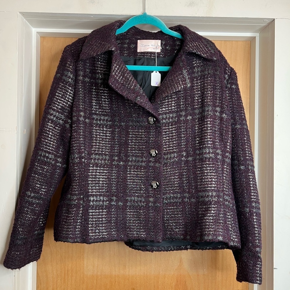 Denise Hajjar Women’s Purple And Metallic Plaid Blazer. Size: 14